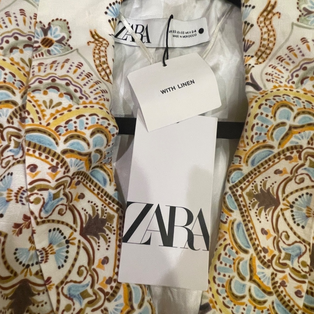 NEW! ZARA WOMAN PRINTED LINEN BLEND BLAZER + PANTS SET Size XS NWT! - Picture 14 of 15